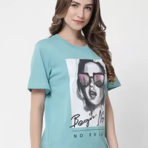 Over Size T Shirt Women Graphic Print Round Neck Light Blue T-Shirt